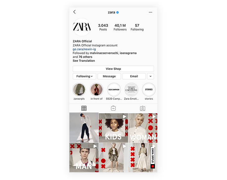 Retail marketing strategies - Zara on Instagram
