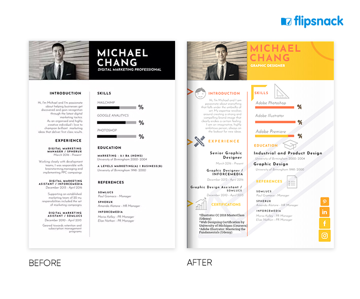example of a graphic designer resume edited from a digital marketing resume template in Flipsnack