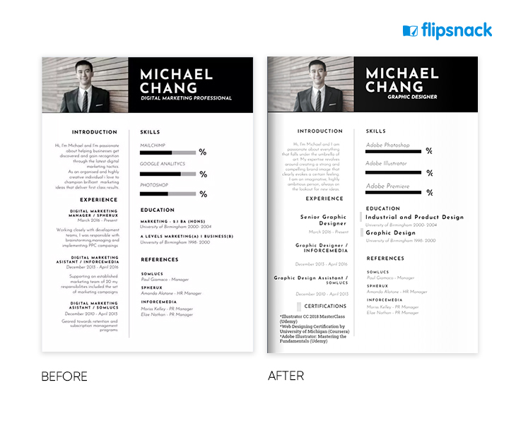 example of an online resume edited in Flipsnack's resume maker