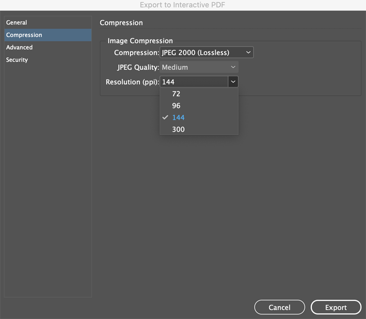 dropdown menu in Adobe Indesign showing how to export to interactive PDF