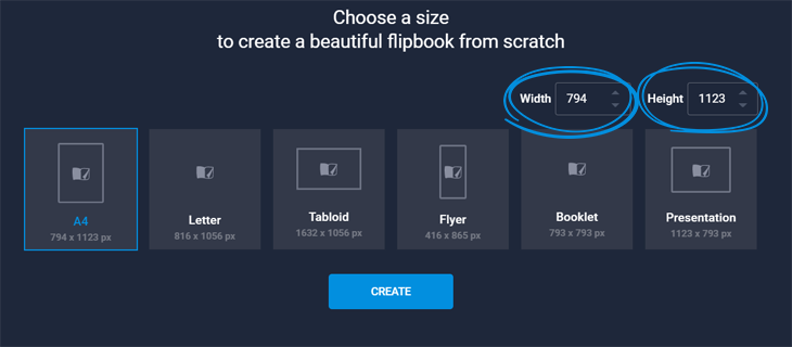 Flipsnack's Design Studio highlighting how to manually set your project dimensions