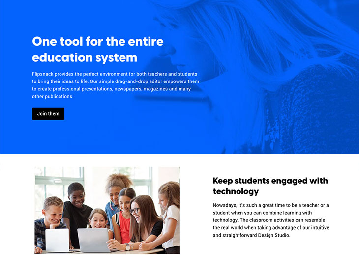 Flipsnack's different user persona reflected on the education landing page