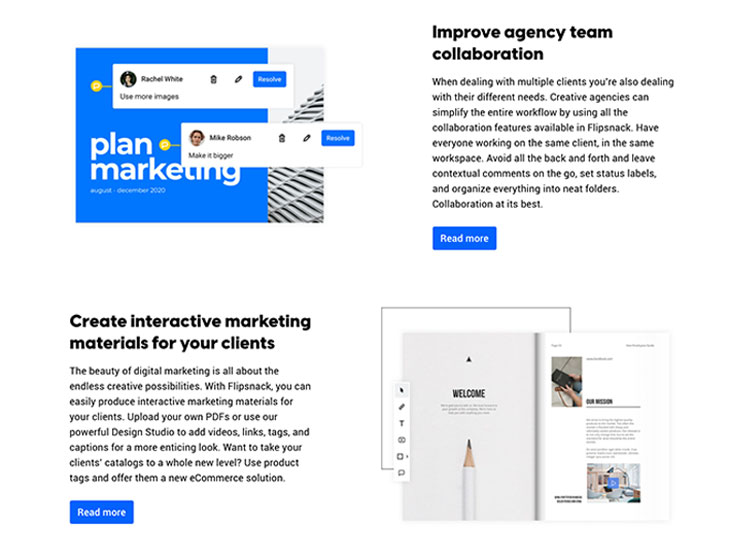 Flipsnack's different user persona reflected on the marketing agencies landing page
