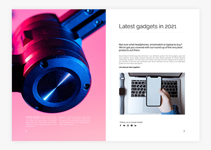 Video and social media buttons in the Interactive Technology Magazine Template in Flipsnack