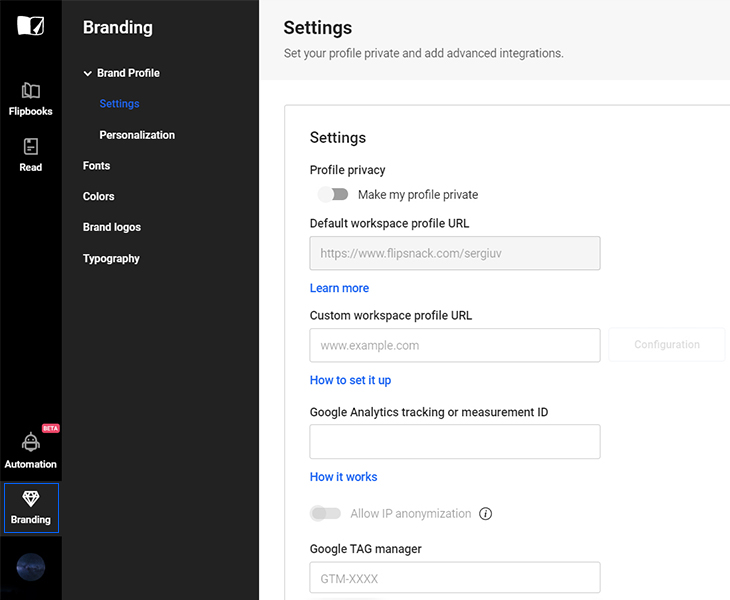 Branding page in Flipsnack