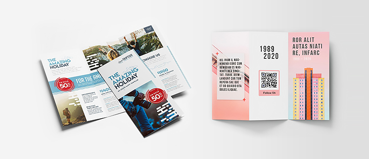 Discount and QR code examples on trifold brochures