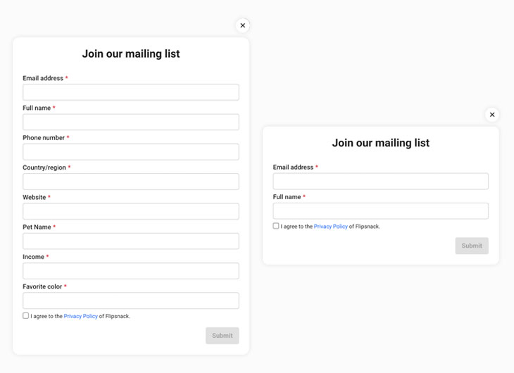 Lead forms with different fields