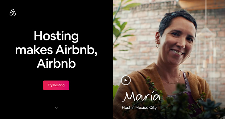 Airbnb's main website that says "hosting makes airbnb, airbnb"