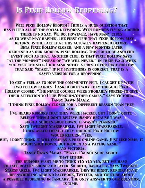 Is pixie hollow reopening