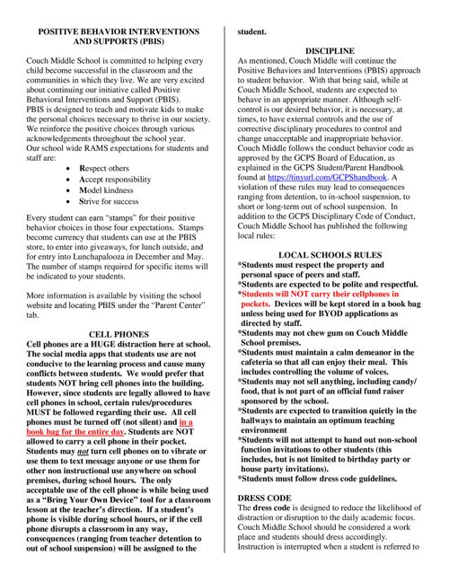 Couch Middle School 18 19 Student Parent Handbook By Devon