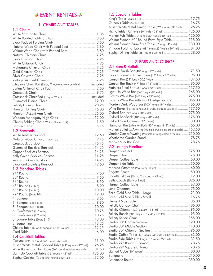 Price List Celebrations Party Rentals