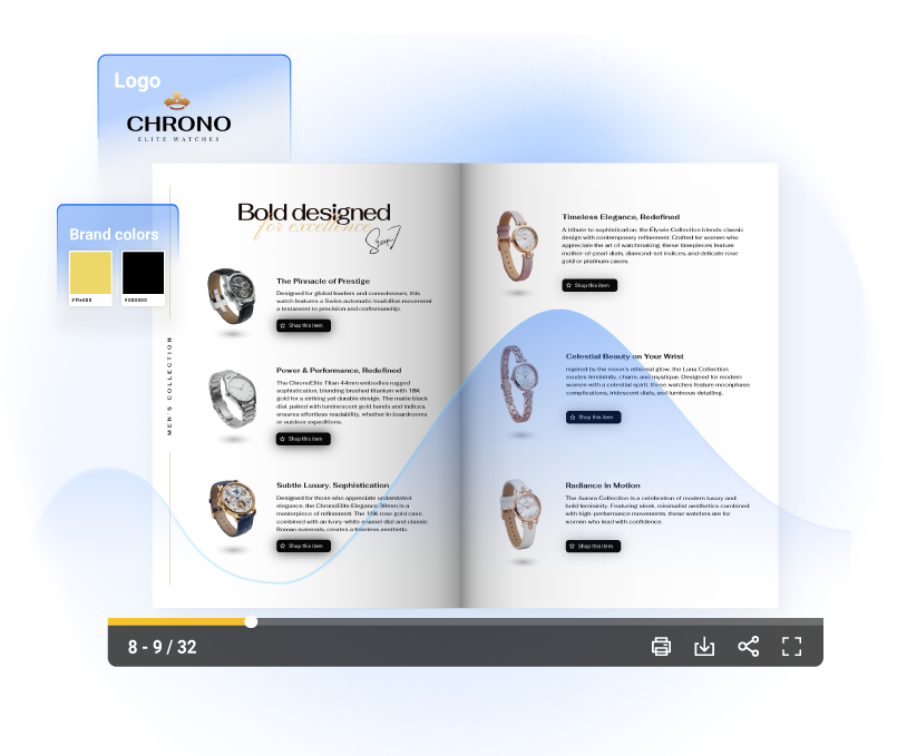 A digital product catalog created in Flipsnack. The spread showcases luxury men’s and women’s watch collections with product descriptions, brand colors, and a shopping button.