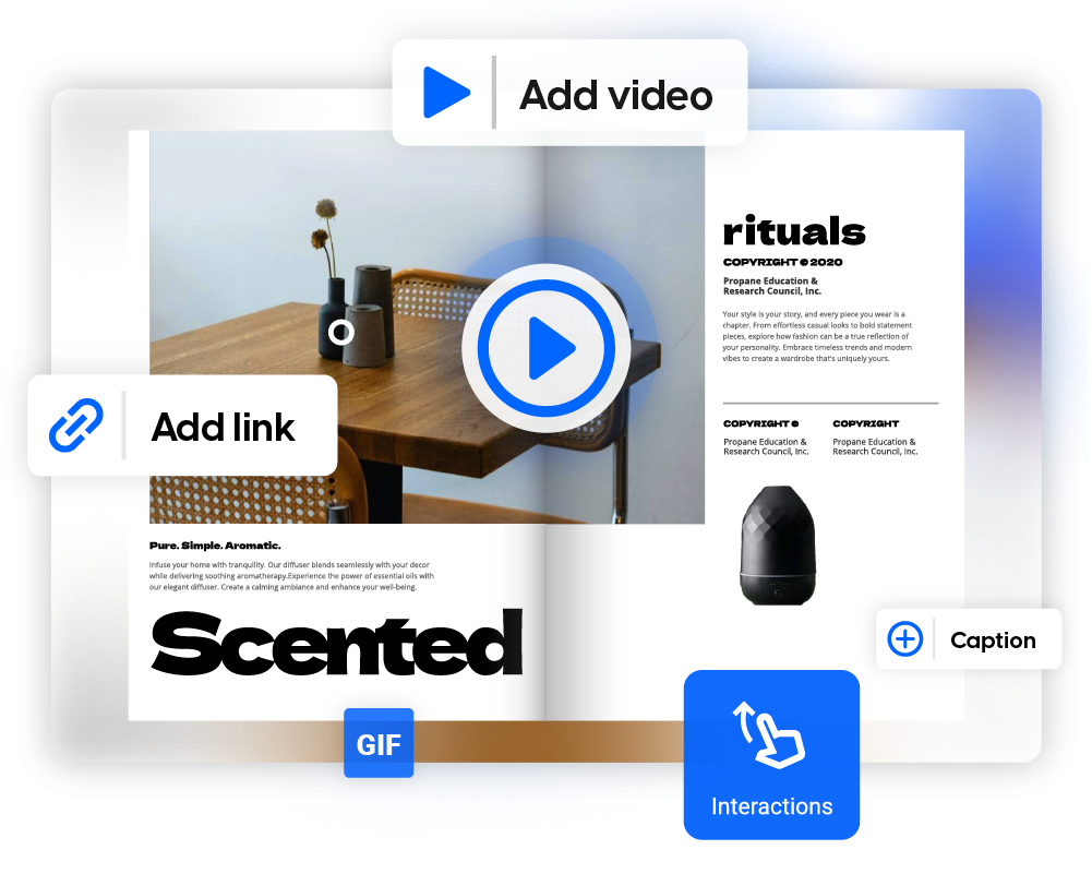 Marketing brochure with videos, hyperlinks, GIFs, and captions created with Flipsnack’s content software
