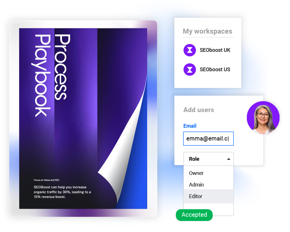 Workspaces and roles assigned to different teammates in Flipsnack’s collaboration workflow