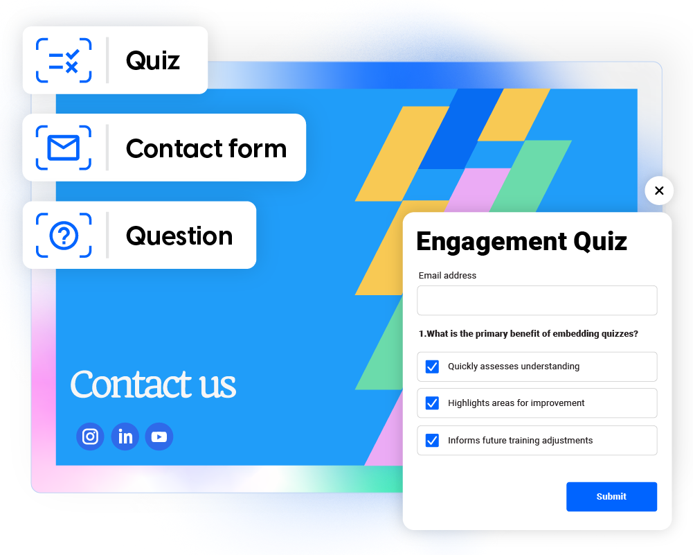Imagem mostrando o quiz, as perguntas e os formulários do Flipsnack.
