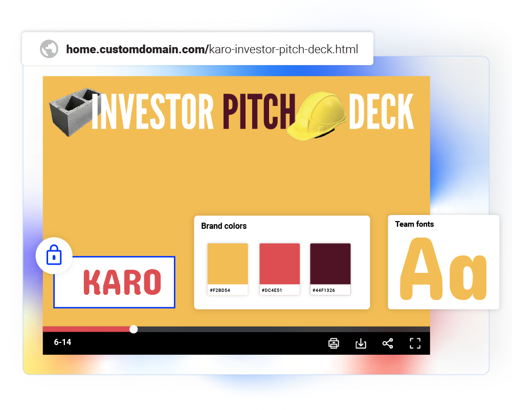 Ein Investoren-Pitchdeck, erstellt in Flipsnack, das verschiedene Markenelemente zeigt