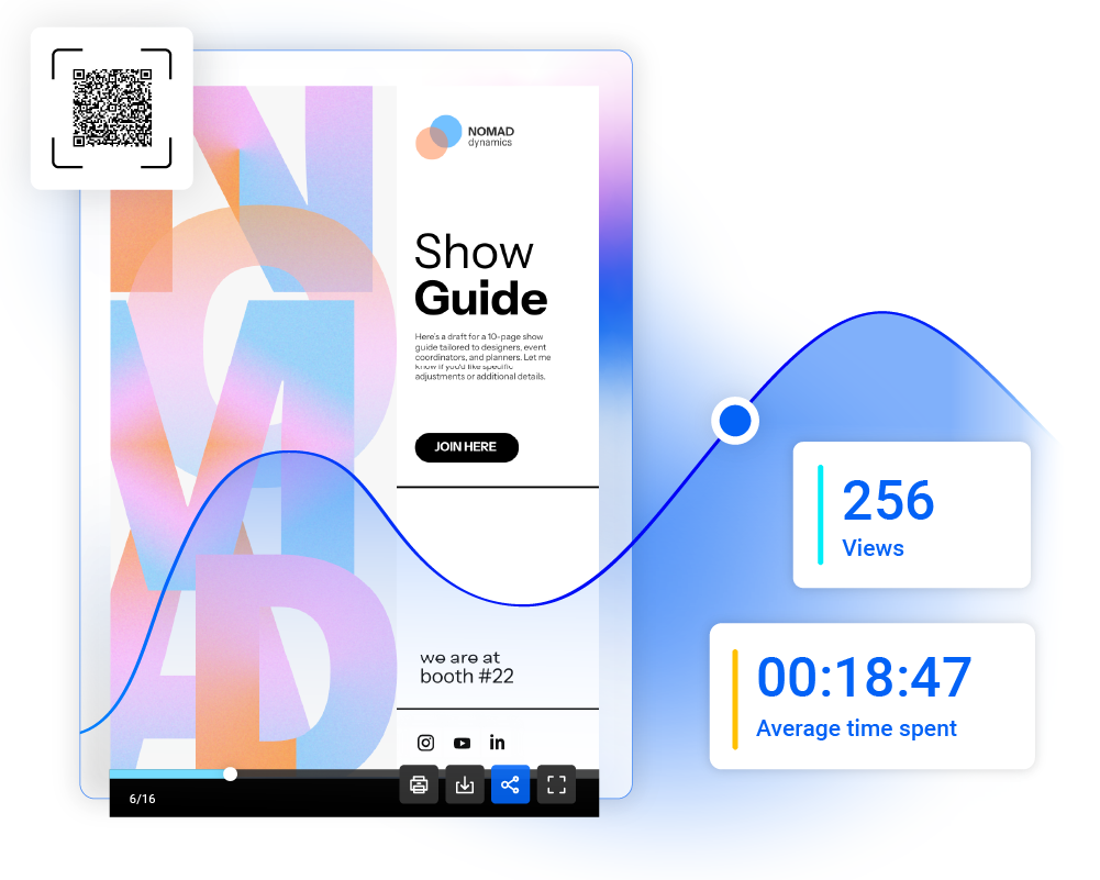 Visual representation of a PDF flipbook and the statistics tracked in Flipsnack.
