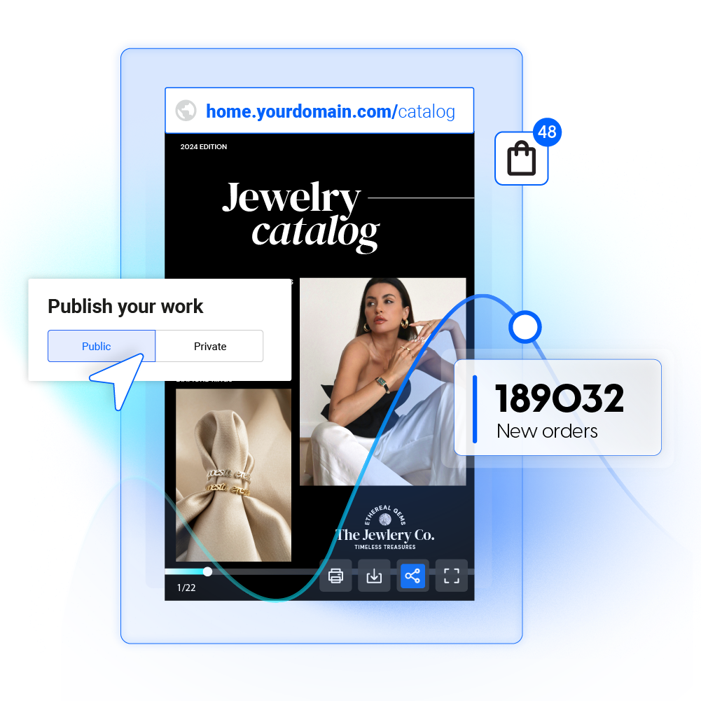 Interactive catalog with a jewelry shopping list and order notifications, showcasing new orders and publishing options.