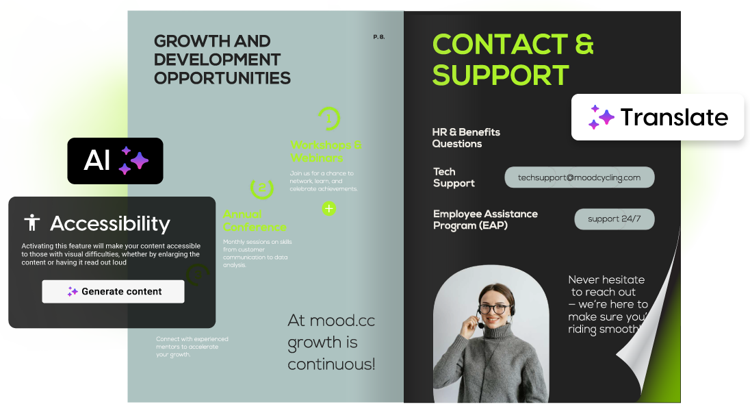 AI for translation, AI accessibility presented in Flipsnack’s employee handbook maker