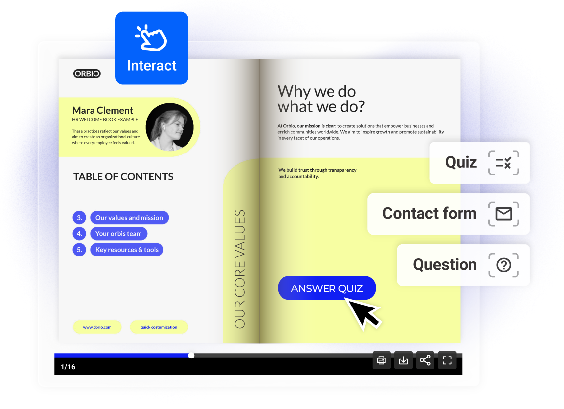 Employee handbook with contact forms, quiz, and question added to increase engagement in onboarding process