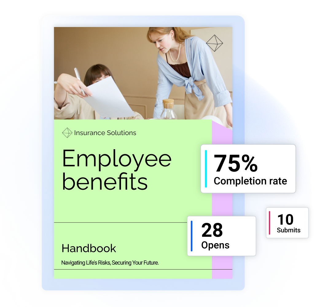 Employee benefits handbook with available metrics like completion rate, opens and submits