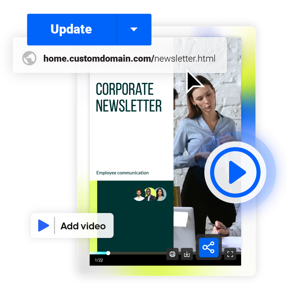 Image of a corporate digital newsletter with videos and custom links.