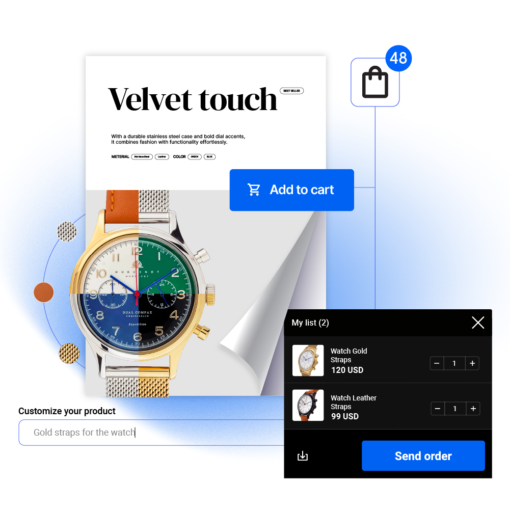 Interactive product customization with options to personalize features like watch straps, add items to a shopping list, and place an order.