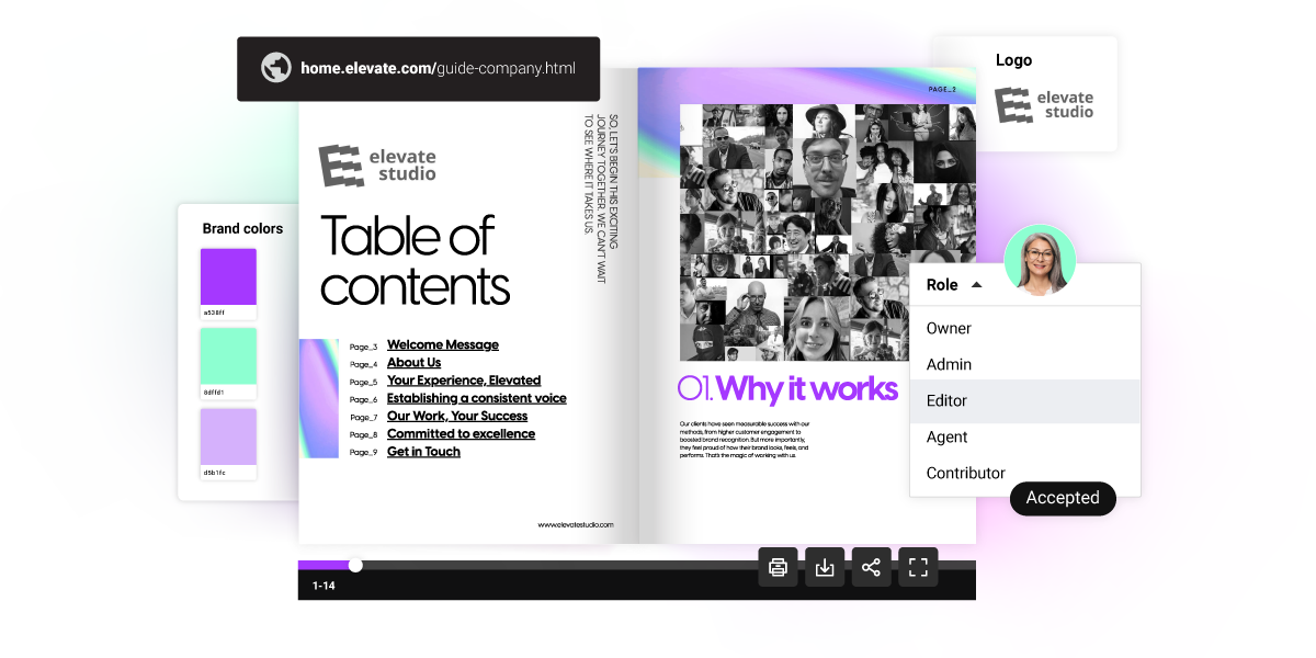 Funzionalità di personalizzazione del branding e collaborazione presentata nel creatore di guide di Flipsnack