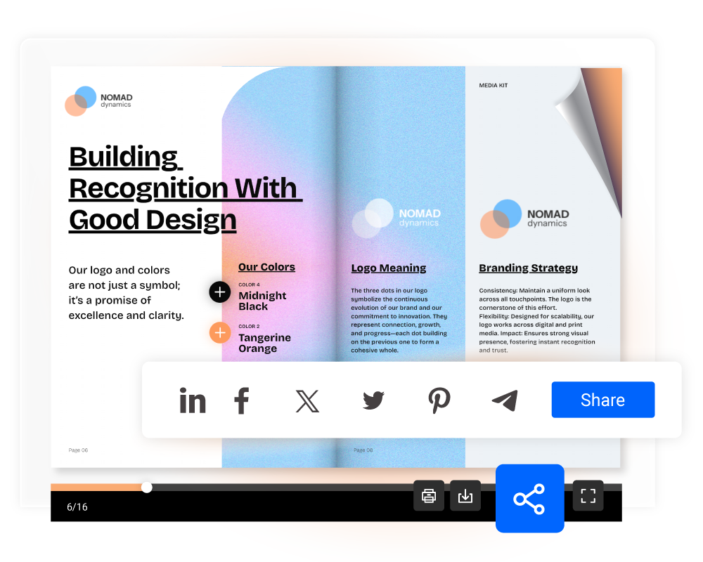 Interactive flipbook media kit with multiple sharing options