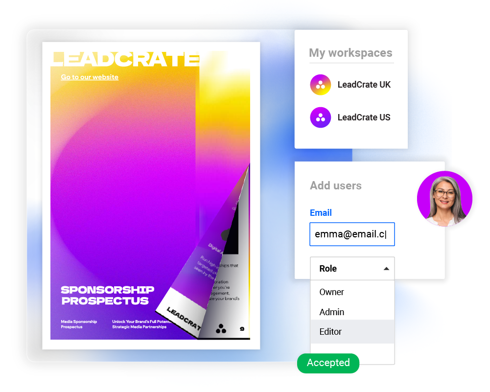 Prospetto aziendale creato in collaborazione con i membri del team, con diversi ruoli e permessi assegnati in Flipsnack