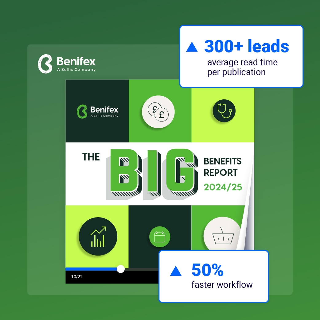 Relatório interativo da Benifex criado com o Flipsnack para gerar leads B2B.