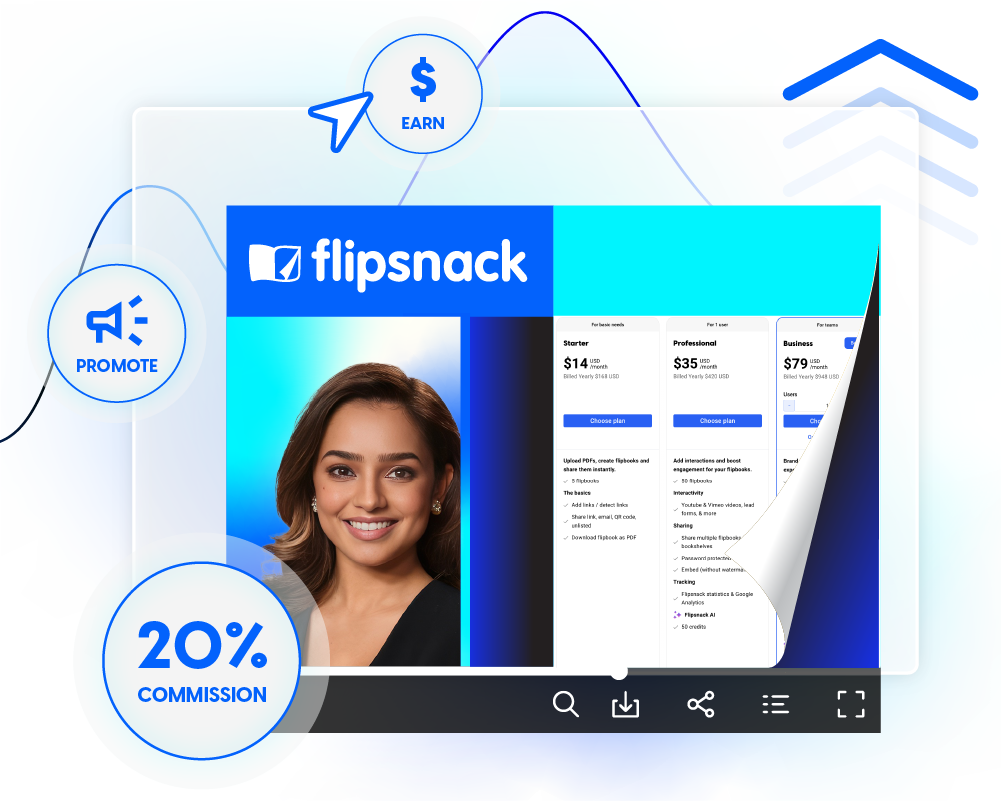 Flipsnack Affiliate Program banner with woman, pricing, and 20% commission icon.