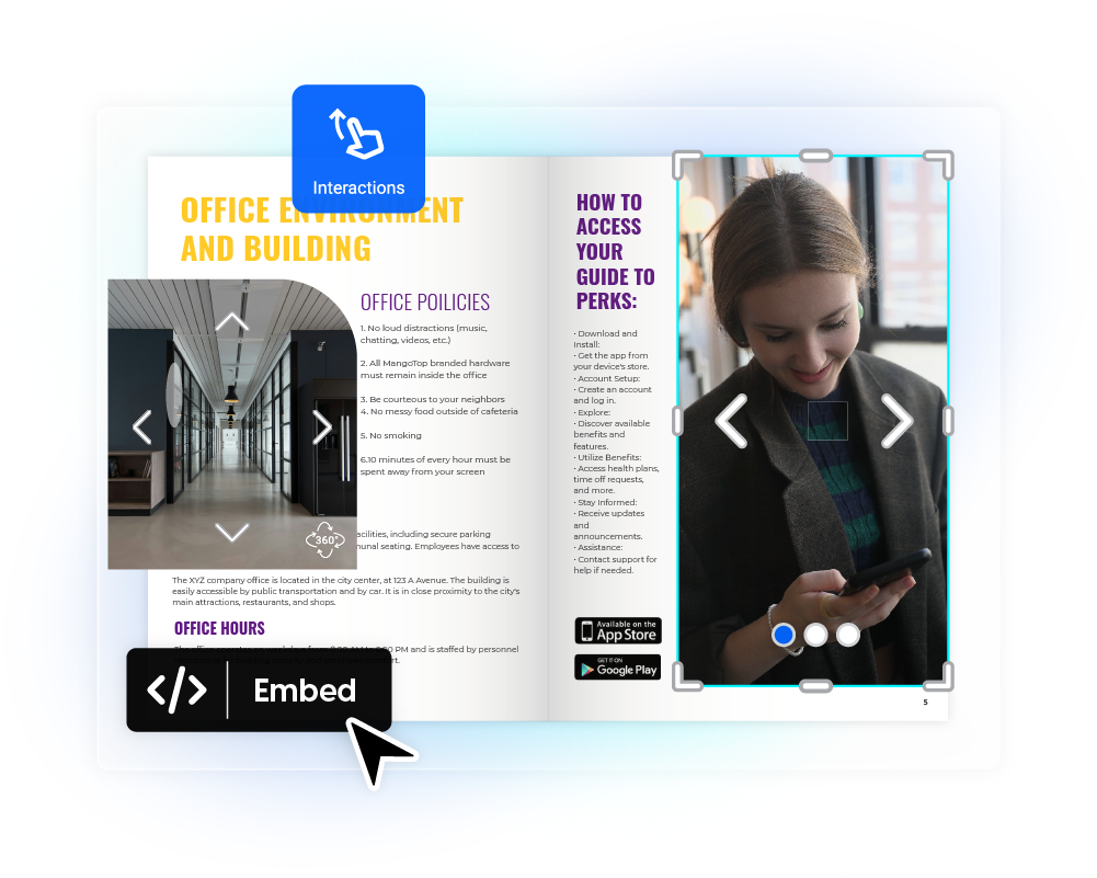 Flipbook des avantages sociaux avec codes d'intégration, diaporamas photos et effets de projecteur