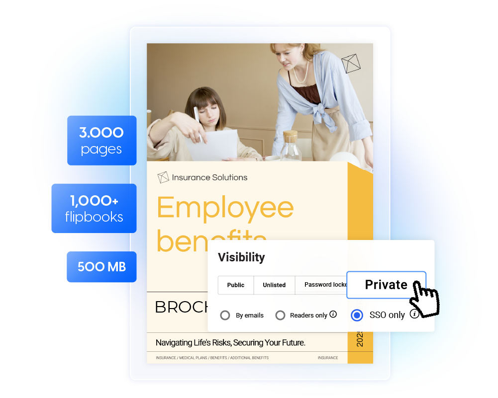 Secure PDF cloud hosting, with up to 3k pages, 1k+ flipbooks, and 500 MB file size offered by Flipsnack