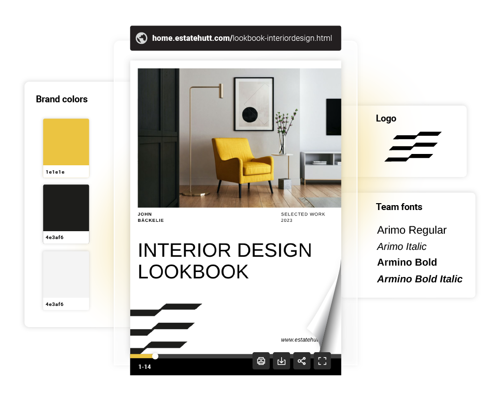 Lookbook digital personalizado con logo, enlace personalizado, fuentes y colores de marca usando Flipsnack