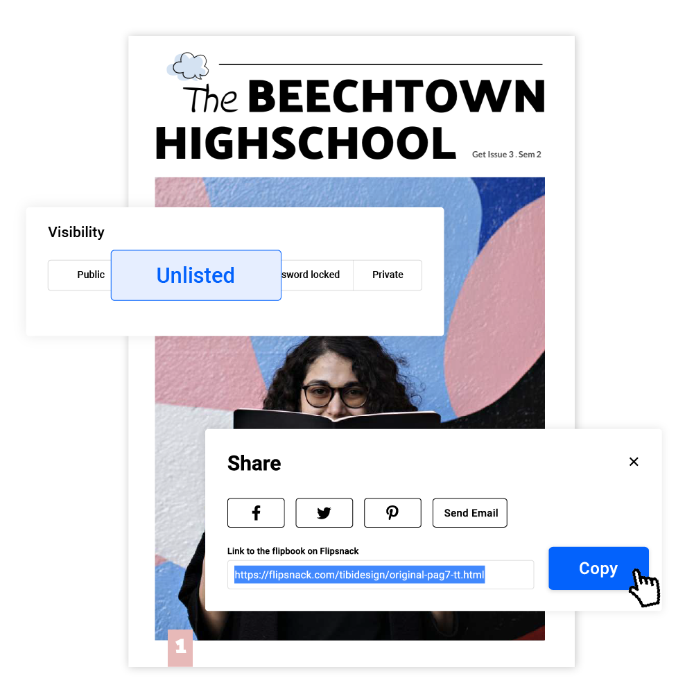 Visual representation of school newspaper sharing options with highlights on unlisted and social media sharing through links