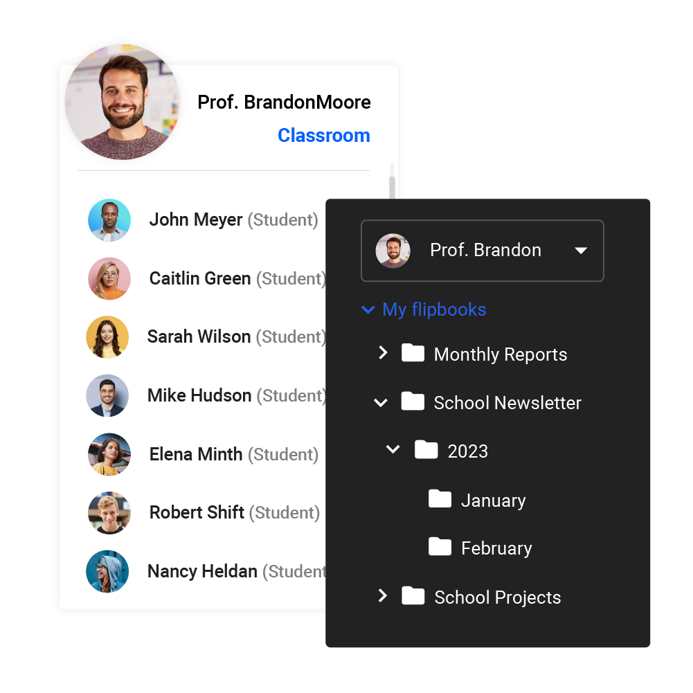 Visual representation of folder organization and different users in Flipsnack