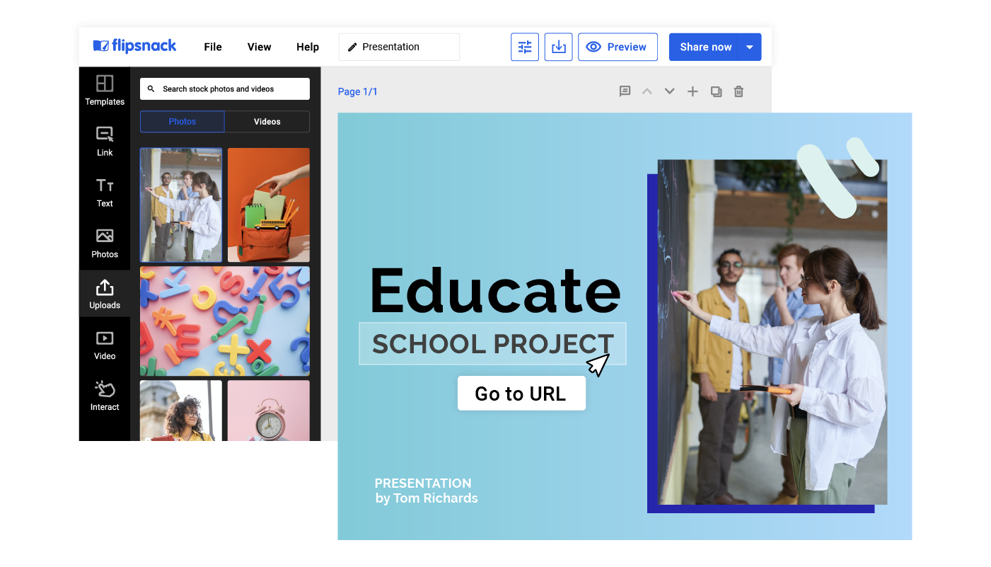 Visual of digital flipbook of school course with interactive features hyperlinks, table of contents, and a GIF