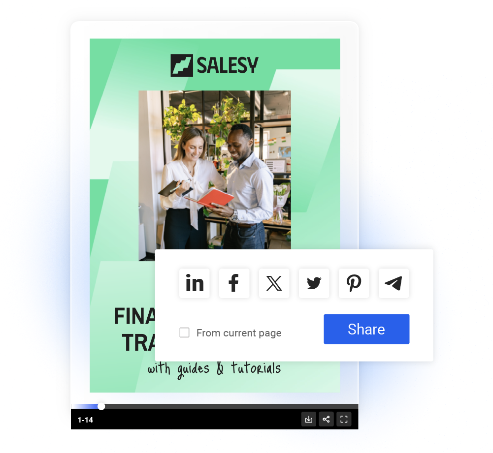 Share your hosted PDF on LinkedIn, Facebook, or X (Twitter) to embed and distribute content to a wider audience with Flipsnack.