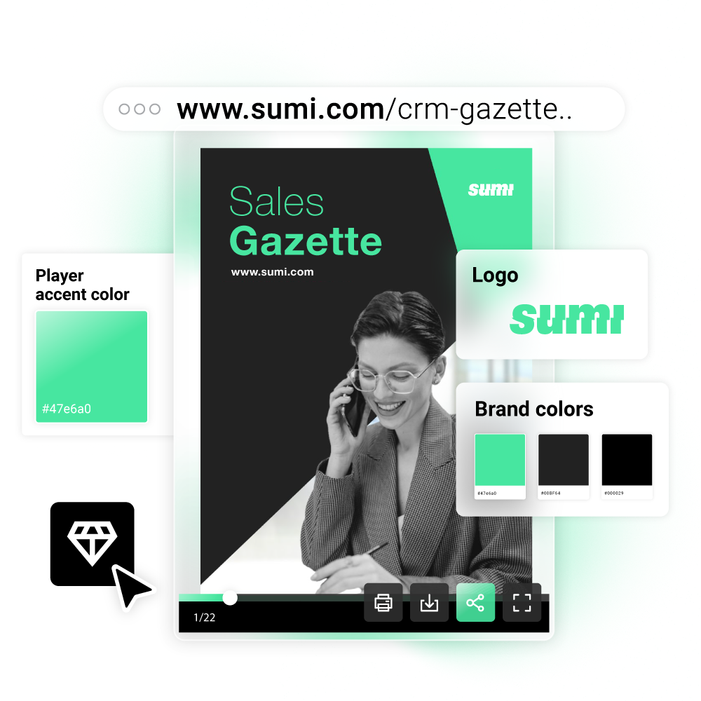 Fully branded sales gazette with company logo, colors, and white label