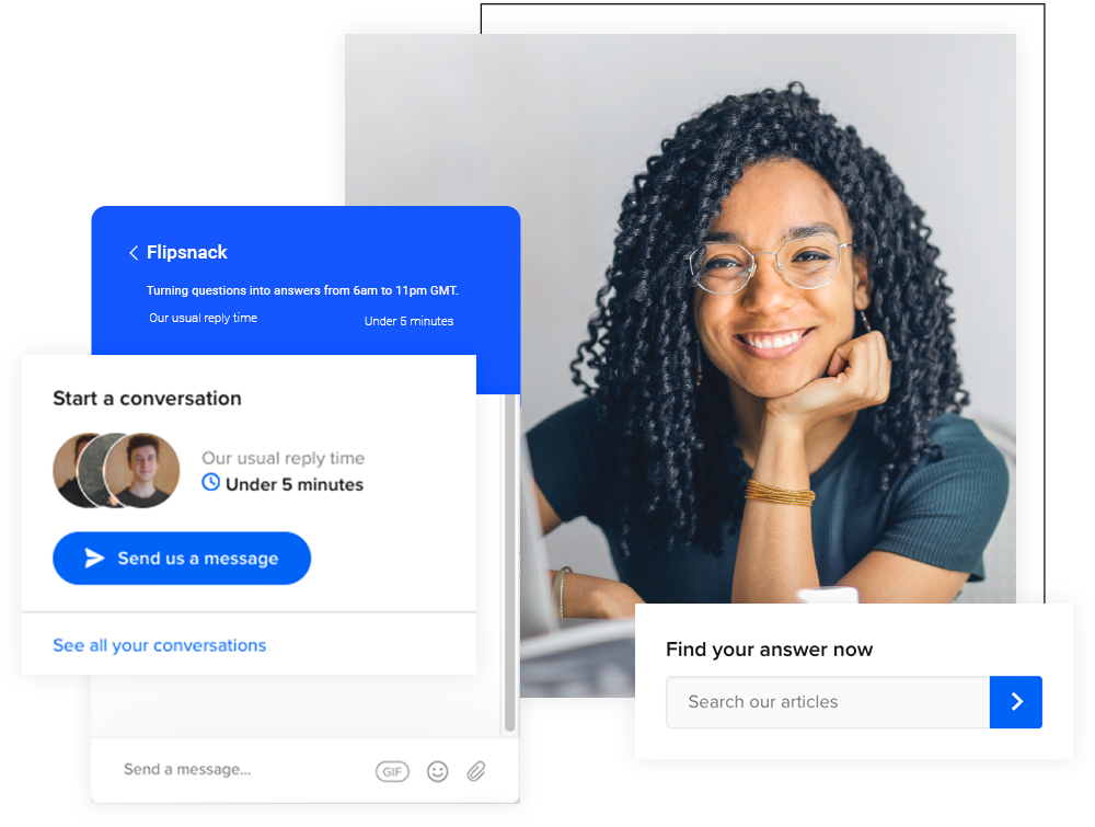 Funcionalidad de chat en vivo presentada en el sitio web de Flipsnack