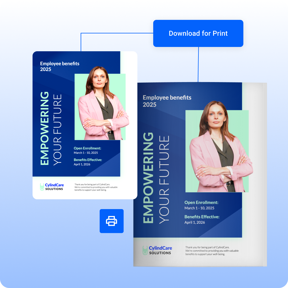 Employee Benefits brochure shown in digital and print formats with a “Download for Print” option, created and shared using Flipsnack.