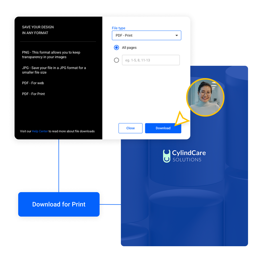 Download settings panel showing PDF for Print export option in Flipsnack.