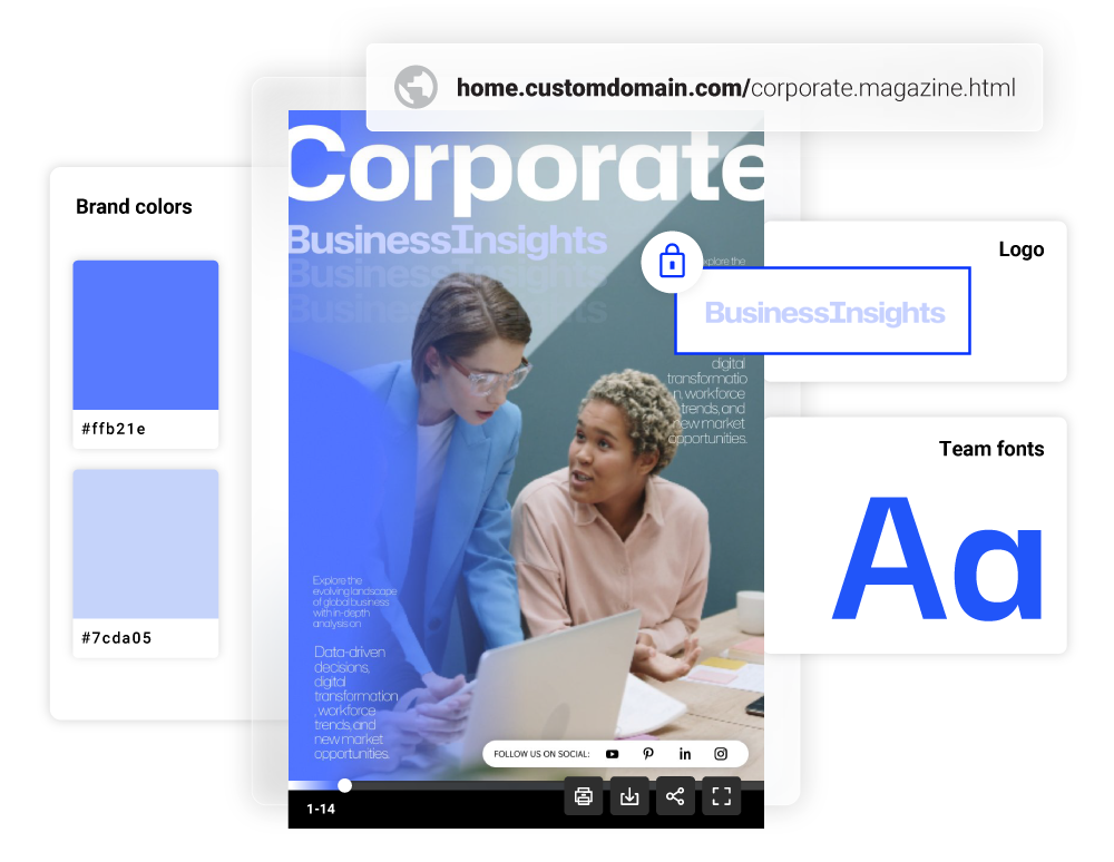 Corporate zine flipbook fully branded with logo, colors, and typography plus a custom shareable link using Flipsnack’s zine maker