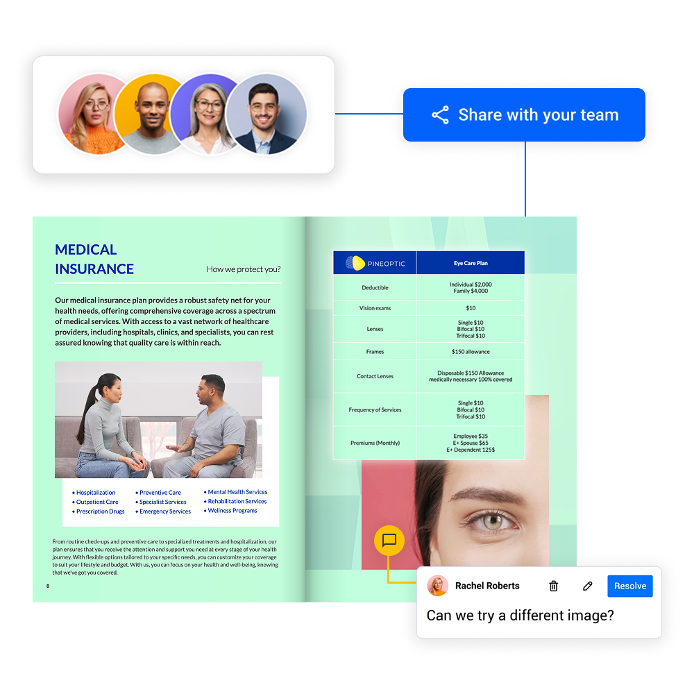 Interactive brochure with team sharing and commenting features enabled in Flipsnack.