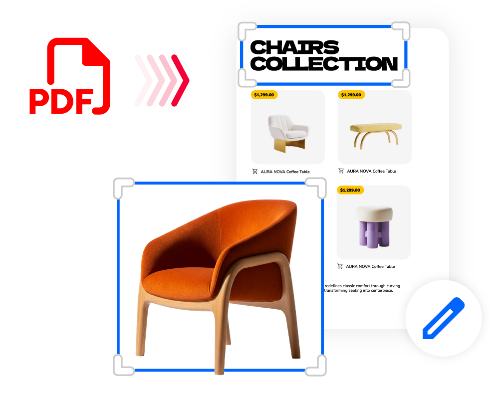 Converting a PDF into an editable chairs collection catalog in Flipsnack, with an image being swapped in place.