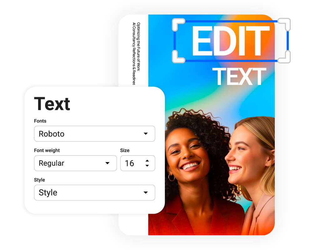 Editing text on a magazine cover in Flipsnack, with font, weight, size, and style controls.