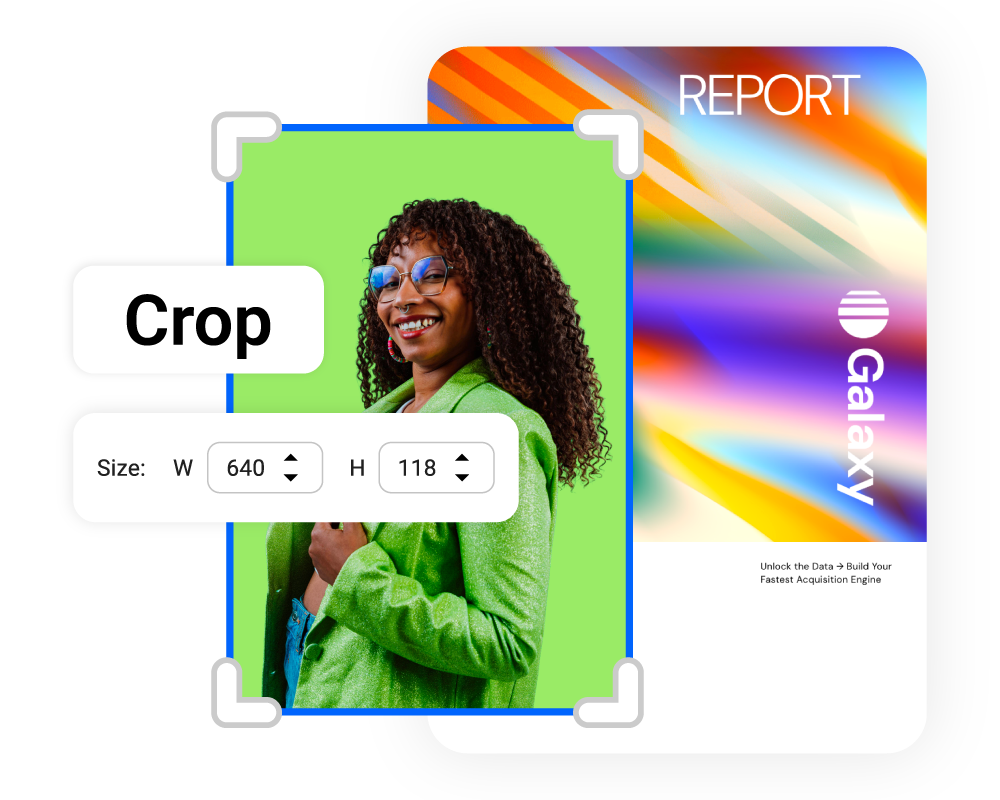 Cropping and resizing a photo on a report page in Flipsnack, with width and height dimensions shown.