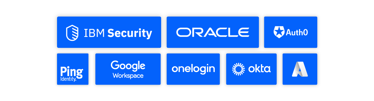 Logos des fournisseurs de SSO et de gestion des identités intégrés à Flipsnack, notamment Okta, Auth0, Ping Identity, OneLogin, IBM Security, Oracle, Google Workspace et Microsoft Azure.