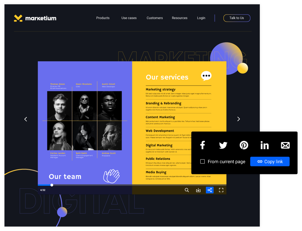 Sharing options available in Flipsnack’s Design Studio